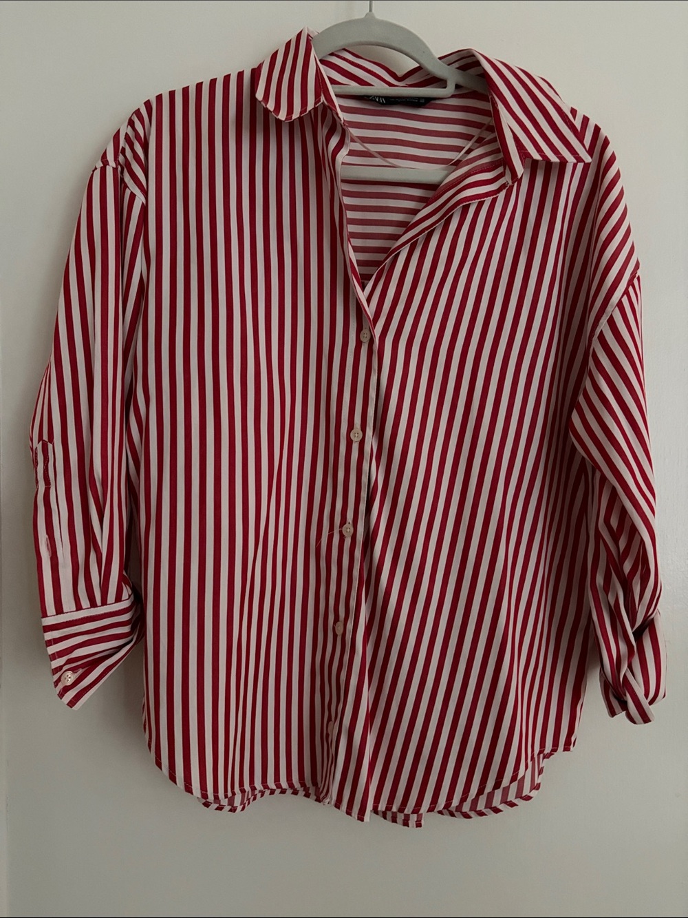 Zara Red and White Striped Button-Down Shirt
